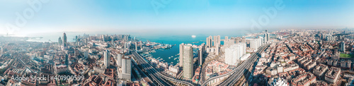 Aerial photography of the skyline of modern urban architectural landscape in Qingdao  China