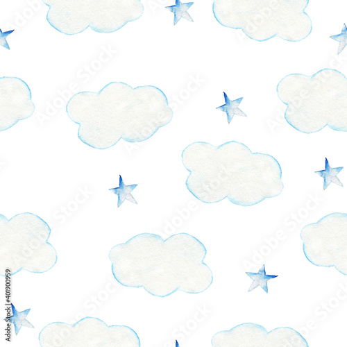 Seamless pattern with watercolor clouds and stars. Perfect for fabric and Wallpaper.