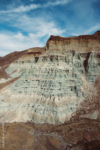 A vertical shot of rocky formation in John Day Fossil Beds, Oregon photo