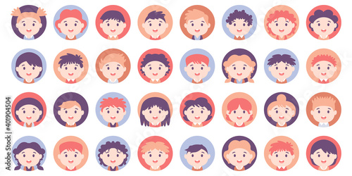 People avatar big bundle set. American Teens and kids various avatar. Collection of schoolboy and schoolgirl. For video game, Internet forum, account. User pic, human face icons in flat style