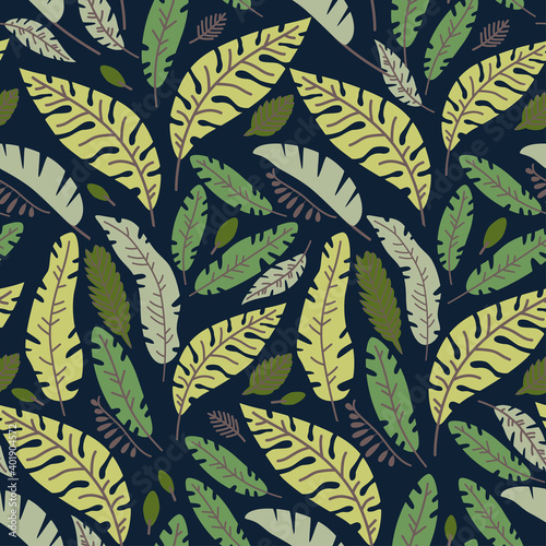 Tropical seamless floral pattern. Vector illustration. Summer equatorial rainforest with foliage.