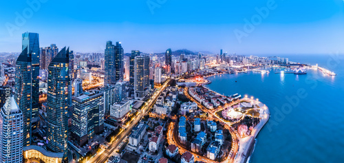 Aerial photography of night view of Qingdao, China..