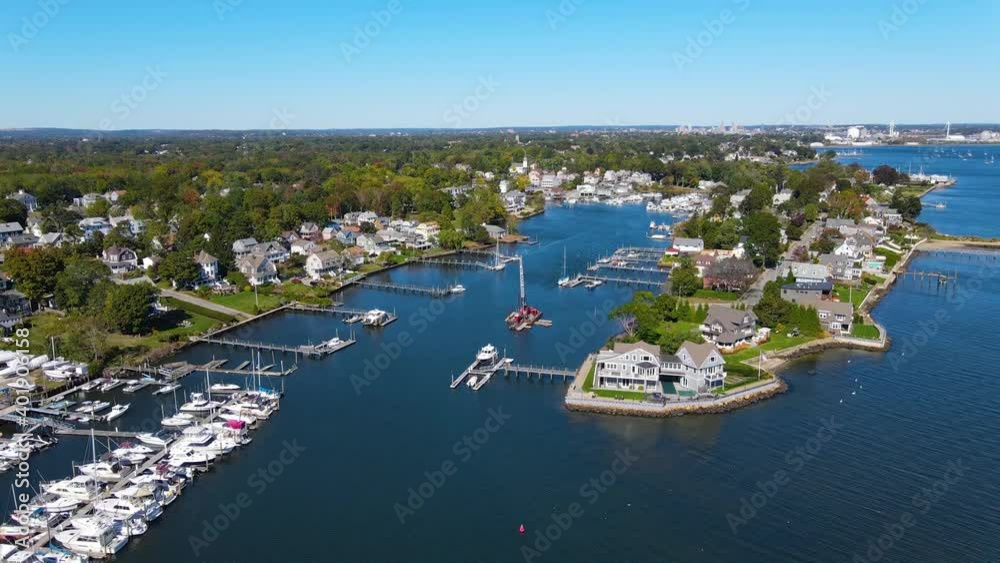Pawtuxet River mouth and historic center of Pawtuxet village aerial ...