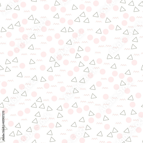 Seamless pattern of triangles, circles and lines. Geometric figures. Endless pattern, trendy print for textiles. Pastel. Pink, white and gray. Vector illustration. Flat style.
