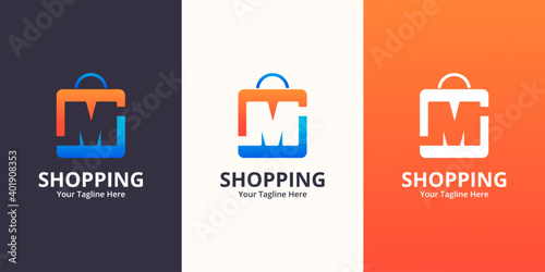 Initial  M Shop Logo designs Template. Illustration vector graphic of  letter and shop bag combination logo design concept. Perfect for Ecommerce,sale, discount or store web element. Company emblem