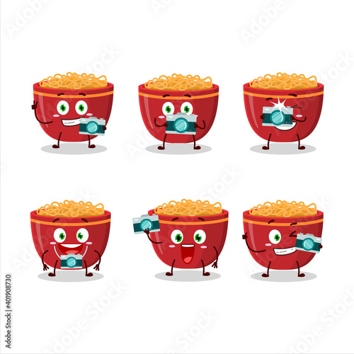 Photographer profession emoticon with bowl of noodles cartoon character