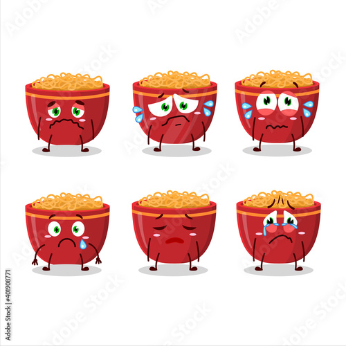 Bowl of noodles cartoon character with sad expression