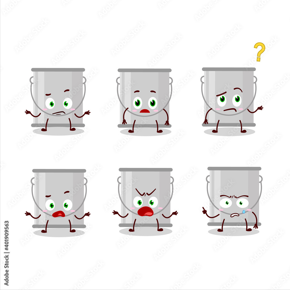Cartoon character of grey paint bucket with what expression