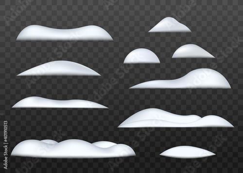 Winter snowy ground or drifts set of realistic vector illustrations isolated.