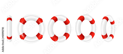 Rescue life buoy in turn, set of realistic vector illustrations isolated.