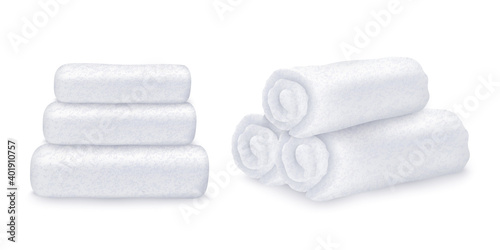 Stacks of rolled folded terry towels, realistic vector illustration isolated.