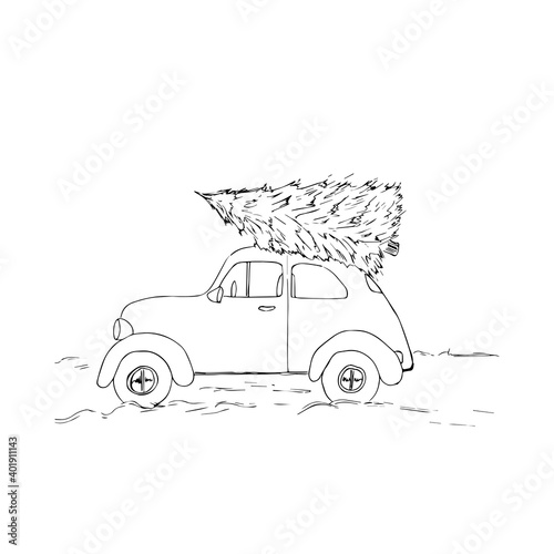 Car with a Christmas tree. Vector vintage illustration of a Christmas car with a Christmas tree on a white background. Retro map.