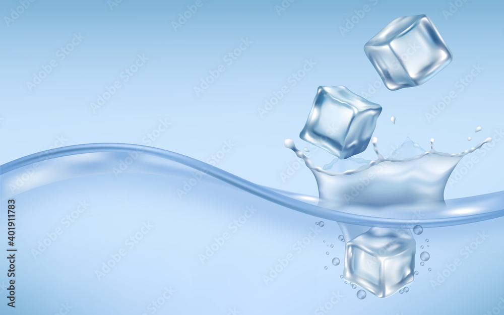 Clear ice cubes falling on water surface realistic vector illustration. Clear ice cubes falling on water surface realistic vector illustration.