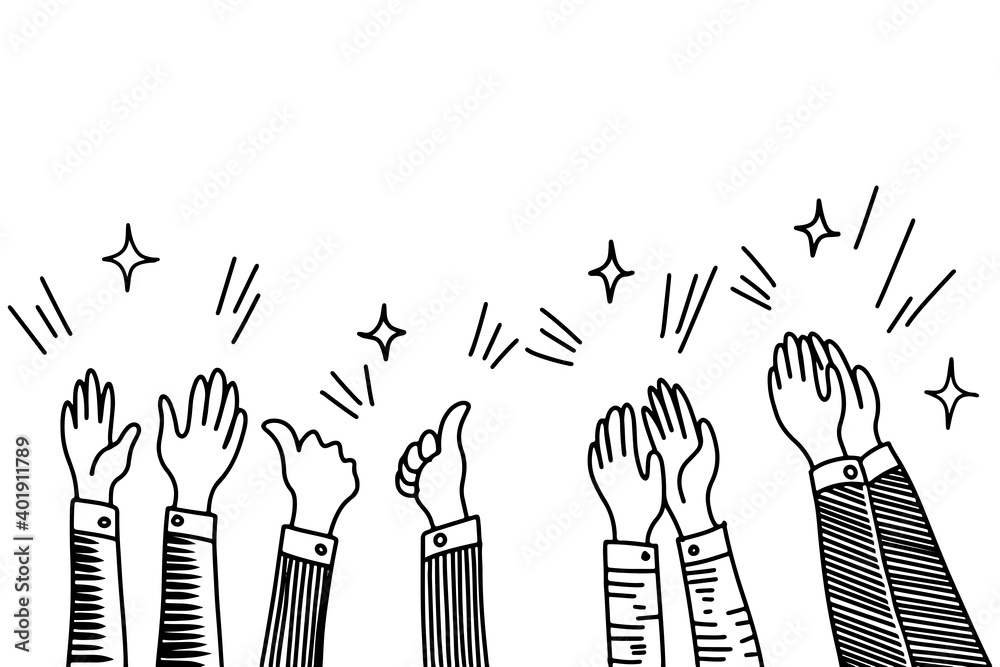Hand Drawn sketch style of applause, thumbs up gesture. Human hands clapping ovation. on doodle style, vector illustration. Hand Drawn sketch style of applause, thumbs up gesture. Human hands clapping ovation. on doodle style, vector illustration.