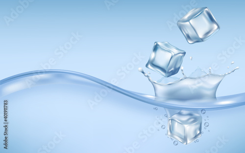 Clear ice cubes falling on water surface realistic vector illustration.