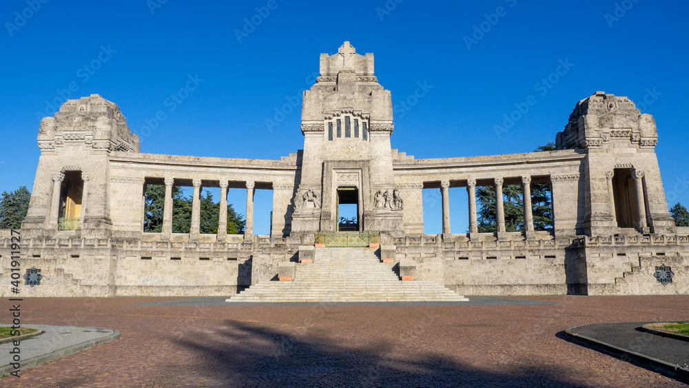Bergamo, Italy. The monumental cemetery. It is the main cemetery of the city of Bergamo. View of the main entrance. Historical building