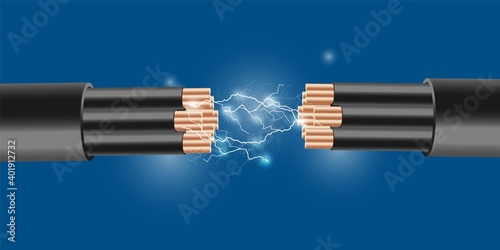 Realistic electric cable with electricity sparks, lightnings on blue background.