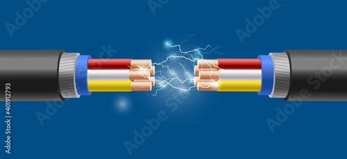 Breakage of the electric cable with sparks, realistic vector illustration.