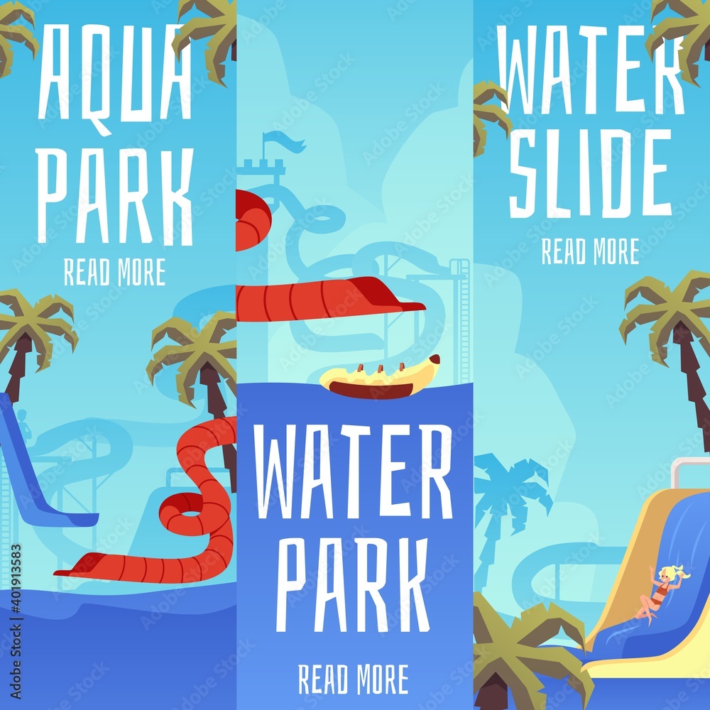 Set of posters or banners for water park flat vector illustration isolated.