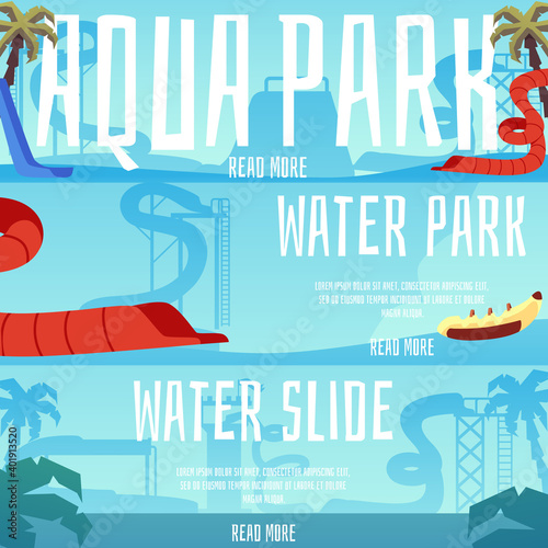 Aqua park and water slide banner set. Amusement park attractions