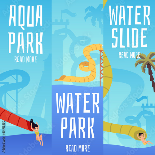 Aqua park or water entertainments vertical flyers set flat vector illustration.