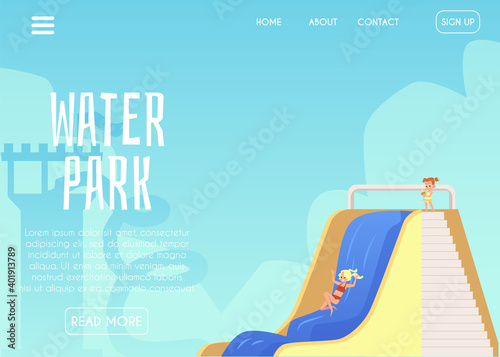 Website banner template for amusement water park, flat vector illustration.