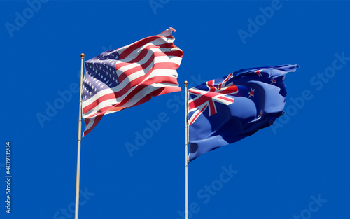 Flags of USA and New Zealand.