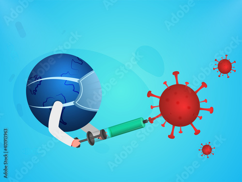 Illustration Of Earth Globe Wearing Medical Mask And Use Vaccine Syringe Against To Coronavirus Epidemic.
