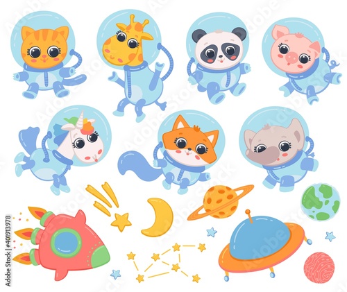 Space images set with animals astronauts, flat vector illustration isolated.