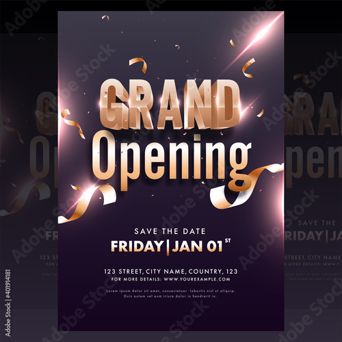 Party Template Or Flyer Design With Event Details In Purple Color For Grand Opening.