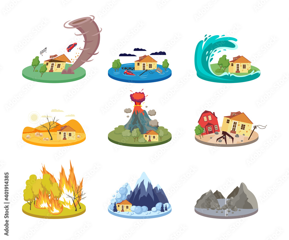 Set of isolated vector icons of natural disasters.