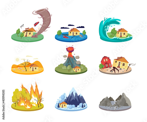 Set of isolated vector icons of natural disasters.
