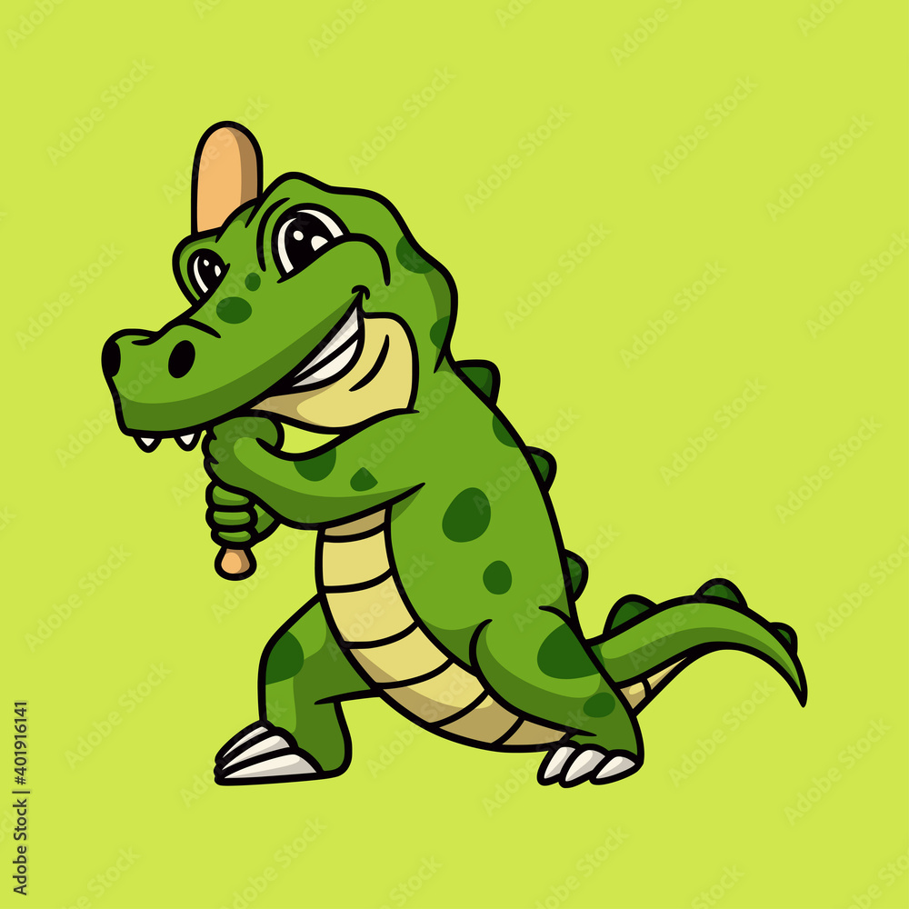 Fototapeta premium cartoon animal design crocodile playing baseball cute mascot logo