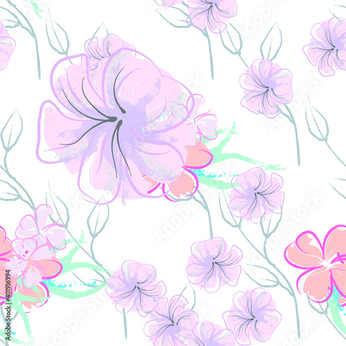 Pink Flowers Blooming Pattern. Pastel Watercolor Floral Print. Little Pink, Yellow, Lilac flower on grey leaf. Elegant brush Background. Seamless Botanical Vector Surface. Texture For Fashion Prints.