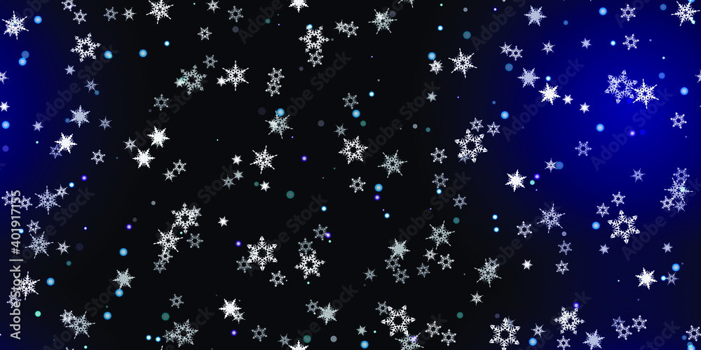 Falling Snowflakes seamless pattern. Illustration with flying snow, frost, snowfall. Winter seamless print for christmas celebration on blue night background. Holiday Vector illustration for New Year Falling Snowflakes seamless pattern. Illustration with flying snow, frost, snowfall. Winter seamless print for christmas celebration on blue night background. Holiday Vector illustration for New Year