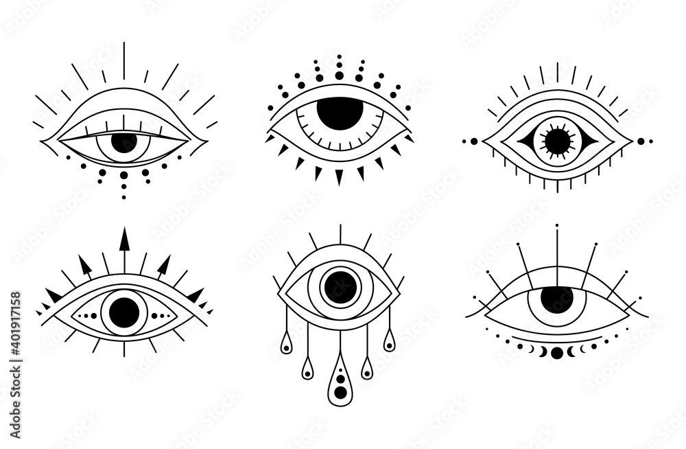 Boho eyes set in linear style. Mystic evil eye. Esoteric Vector illustration. line art collection of magical design elements in outline style. Occult logo or tatoo.