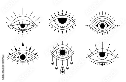 Boho eyes set in linear style. Mystic evil eye. Esoteric Vector illustration. line art collection of magical design elements in outline style. Occult logo or tatoo.