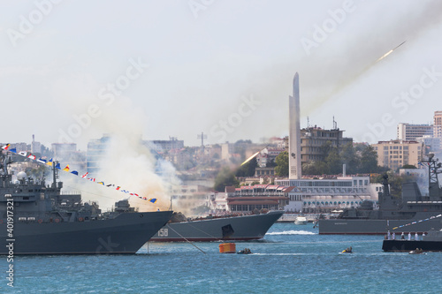 Shooting from the Grad-M multiple launch rocket system from the large landing ship Caesar Kunikov at the parade on the Navy Day in the hero city of Sevastopol, Crimea