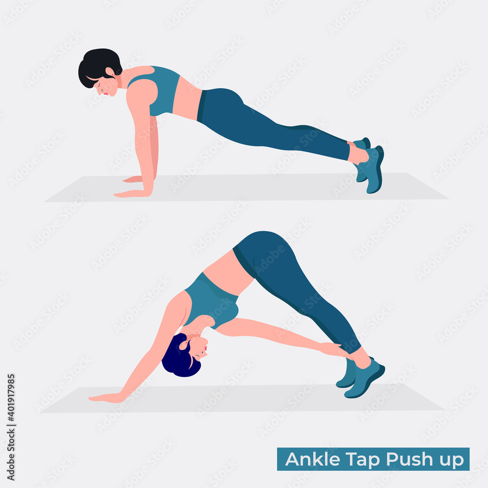 Ankle Tap Push up exercise, Women workout fitness, aerobic and exercises. Vector Illustration.	
