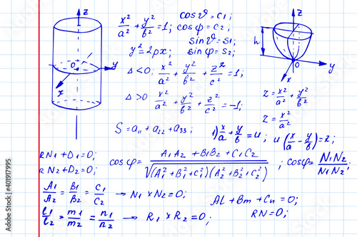 Retro vector background with physics formulas, outlines and equations on notebook page. College  notation. Educational and scientific vintage background.