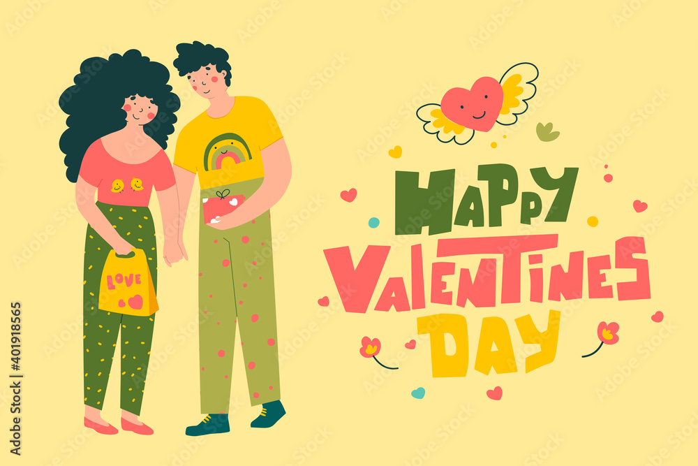 Valentines day lovers card in flat style. Greeting card design. Valentines day lovers card in flat style. Greeting card design.