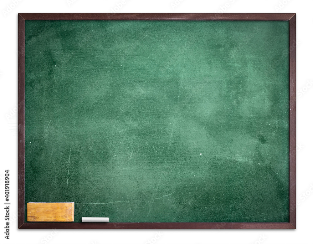 Empty green chalkboard with eraser and white chalk hang on the wall isolated on white background - obrazy, fototapety, plakaty 