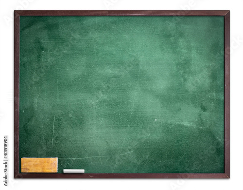 Teacher Day concept: Empty green chalkboard with eraser and white chalk hang on the wall isolated on white background photo