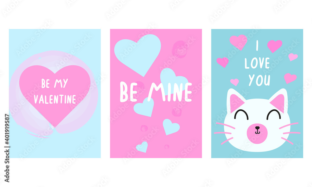 Set of Valentine's day greeting cards. Be my Valentine, I Love you words, be mine. Vector illustration template