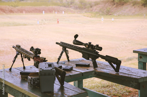 Sniper rifle at Koko Head Shooting Complex，Honolulu, Oahu, Hawaii. Gun. A sniper rifle is a high-precision, long-range rifle. Requirements include high accuracy, reliability, and mobility, 