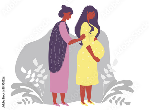 Motherhood. Happy pregnant dark-skinned woman in a yellow dress, tenderly hugs her belly and next to her is a woman mom. on a gray decorative background with branches and plants. Vector illustration