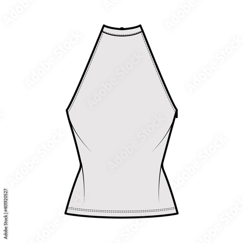 Top crop high neck halter tank cotton-jersey technical fashion illustration with bow, slim fit, waist length. Flat outwear apparel template front, grey color. Women men unisex CAD mockup