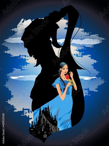 composition with a beautiful girl and a beast man and a castle that is on a rock