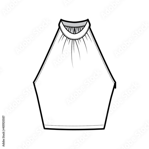 Top crop banded high neck halter tank technical fashion illustration with wrap, slim fit, waist length. Flat apparel outwear template front, white color. Women men unisex CAD mockup