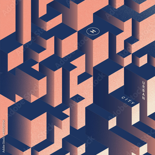 Downtown city in evening. Isometric Urban city background with hint of light. Modern geometric shape, good for social media post.